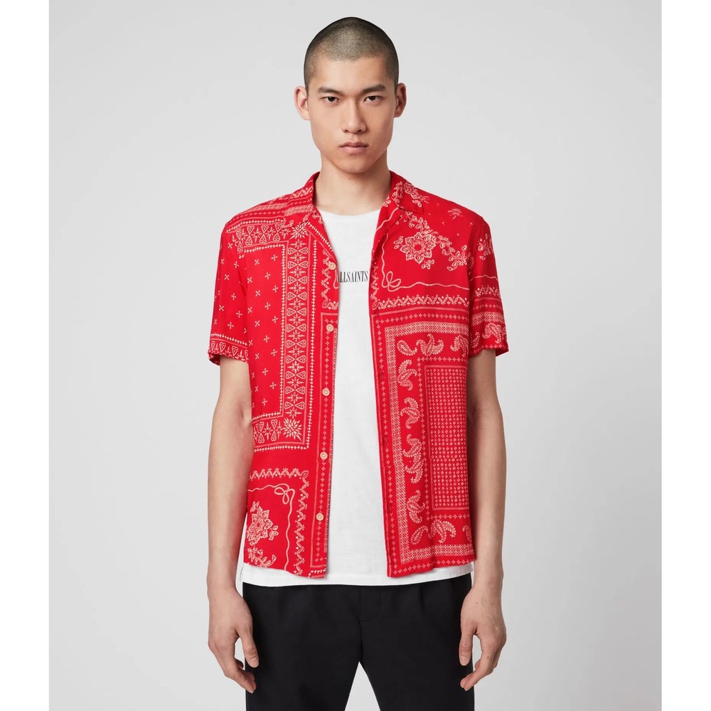 All Saints Mens Bandana Print Cherito Button Up Short Sleeve Shirt Red XL Resort